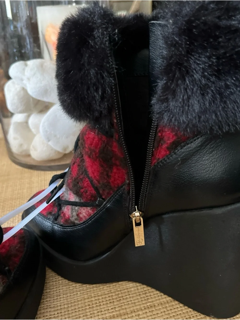 New! Jessica‎ Simpson MYINA Red Plaid Faux-Fur Trim Lace-Up Winter Boots